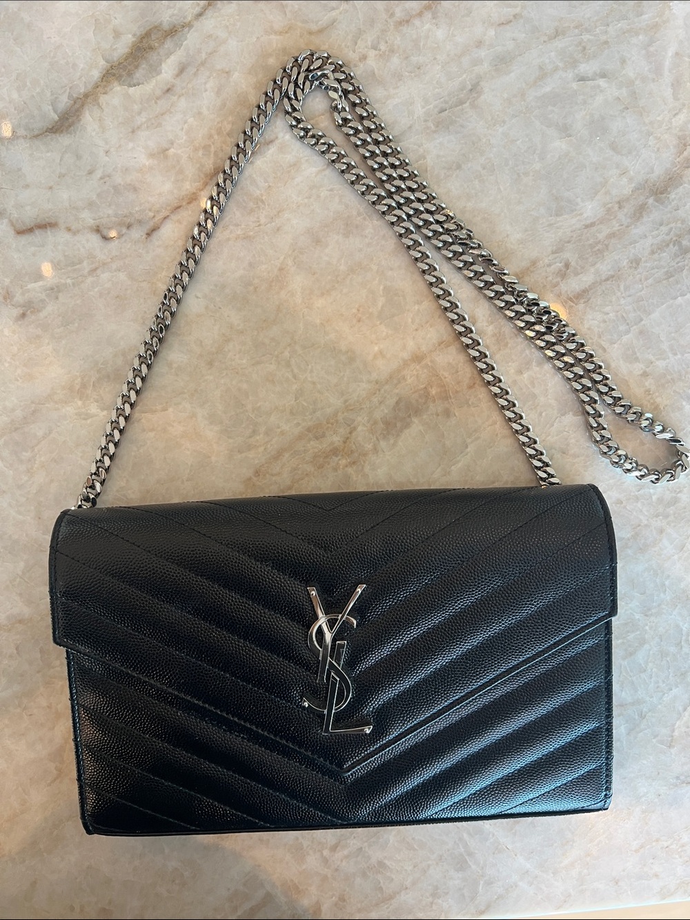 Saint Laurent Black Quilted Leather Shoulder Bag with Silver Chain